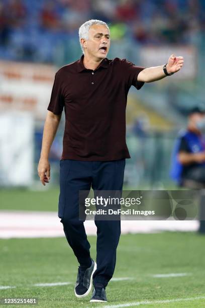 Jose Mourinho Head Coach of AS Roma gestures during the Serie A match between AS Roma and US Sassuolo at Stadio Olimpico on September 12, 2021 in...