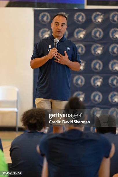 Minnesota Timberwolves President of Basketball Operations Gersson Rosas participates in a Hispanic-youth focused basketball clinic led by the...