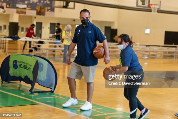 Minnesota Timberwolves President of Basketball Operations Gersson Rosas participates in a Hispanic-youth focused basketball clinic led by the...