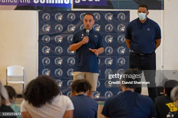 Minnesota Timberwolves President of Basketball Operations Gersson Rosas participates in a Hispanic-youth focused basketball clinic led by the...