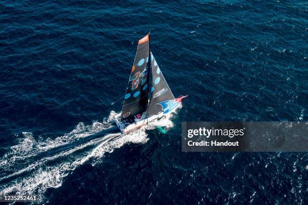 In this image supplied by 11th Hour Racing Team, 11th Hour Racing Teams new racing sailboat, a 60-foot IMOCA race boat named "Mālama" puts in a long...