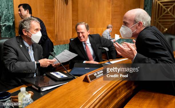 From left, chairman Sen. Sherrod Brown ranking member Sen. Pat Toomey and witness Gary Gensler, Chair of the U.S. Securities and Exchange Commission,...