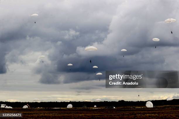 Russian and Belarusian troops take part in the Zapad-2021 military exercise in Brest region in Belarus on September 14, 2021. Approximately 30...