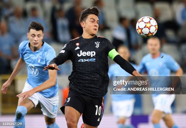 Juventus' Argentinian forward Paulo Dybala controls the ball during the UEFA Champions League group H football match Malmo FF vs Juventus F.C. In...