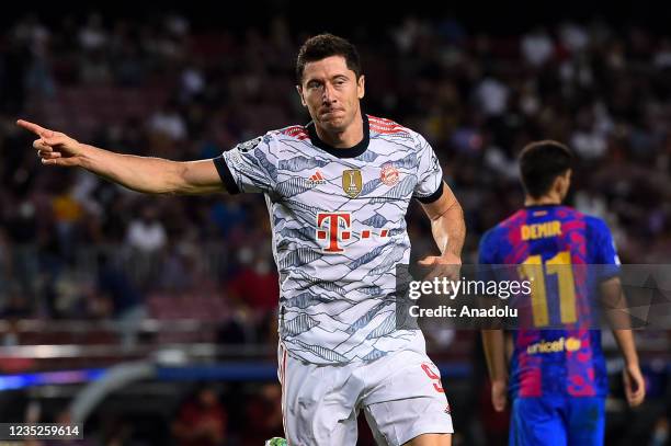 Bayern Munichâs forward Robert Lewandowski celebrates his goal during the UEFA Champions League group E match between FC Barcelona and Bayern...