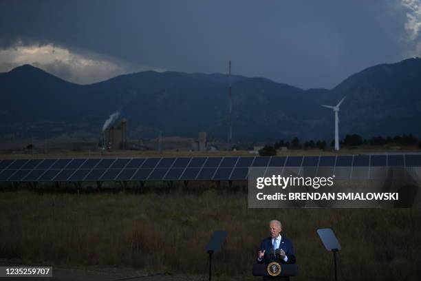 President Joe Biden speaks at the National Renewable Energy Laboratory in Arvada, Colorado, on September 14 on the infrastructure deal and the Build...