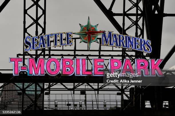 General view of Seattle Mariners, T-Mobile Park neon sign before the game between the Seattle Mariners and the Boston Red Sox at T-Mobile Park on...