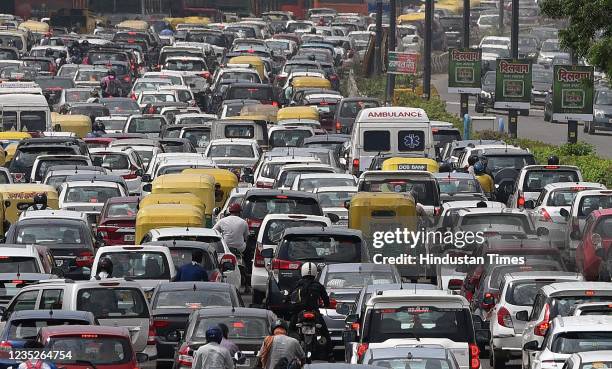An Ambulance stuck in between heavy traffic congestion at Ashram, on September 14, 2021 in New Delhi, India.