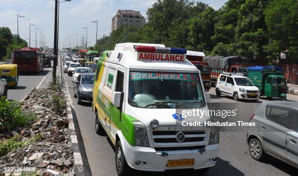 An Ambulance stuck in between heavy traffic congestion at Ashram , on September 14, 2021 in New Delhi, India.