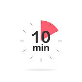 10 minutes timer. Stopwatch symbol in flat style. Isolated vector illustration.
