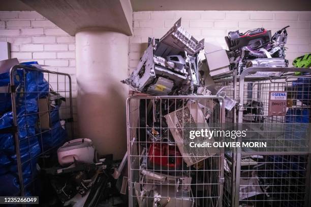 Smashed devices and items are seen after being destroyed in the rage room "Raivomoo" on September 14, 2021 in Helsinki. - A new service in Finland...