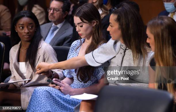 Gymnasts Simone Biles, McKayla Maroney, Aly Raisman and Maggie Nichols arrive to testify during a Senate Judiciary hearing about the Inspector...