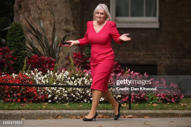 Nadine Dorries, Minister of State for Mental Health, Suicide Prevention and Patient Safety arrives at 10 Downing Street on September 15, 2021 in...