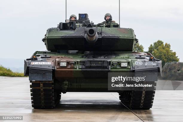 Leopard 2 A7V battle tank after an event to mark the reception of the first units of the new tank on September 15, 2021 in Bad Frankenhausen,...