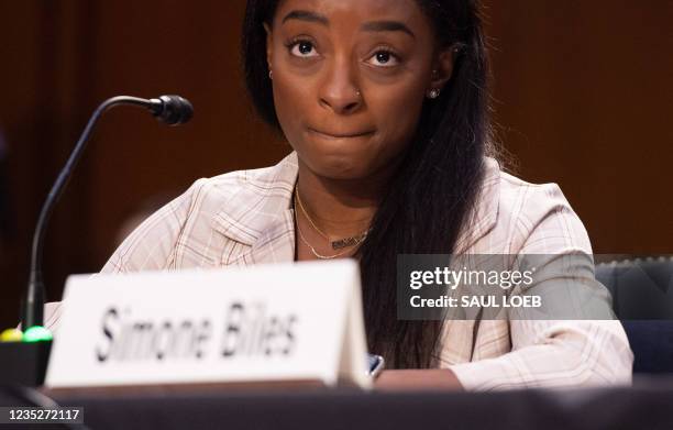 Olympic gymnast Simone Biles testifies during a Senate Judiciary hearing about the Inspector General's report on the FBI handling of the Larry Nassar...