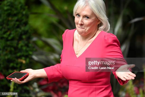 Nadine Dorries arrives at Downing Street on September 15, 2021 in London, England. The British prime minister replaced several cabinet ministers...