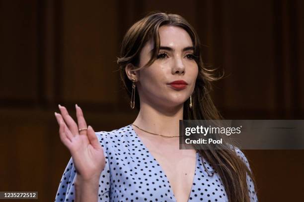 Olympic gymnast McKayla Maroney is storm in during a Senate Judiciary hearing about the Inspector General's report on the FBI's handling of the Larry...