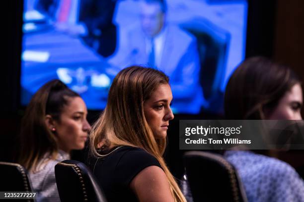 From left, U.S. Olympic gymnasts Aly Raisman, Maggie Nichols and McKayla Maroney, testify during the Senate Judiciary Committee hearing titled...