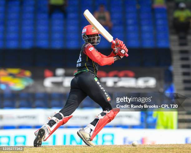 Domnic Drakes of Saint Kitts & Nevis Patriots hits the winning runs to win the 2021 Hero Caribbean Premier League Final match 33 between Saint Lucia...