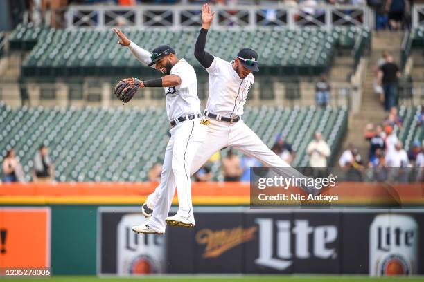 Willi Castro of the Detroit Tigers and Harold Castro of the Detroit Tigers celebrate their win against the Milwaukee Brewers at Comerica Park on...