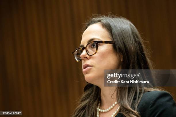 Deputy Attorney General Amanda Plisner addresses the Los Angeles County Superior Court in the arraignment and bail review of La Luz del Mundo mega...