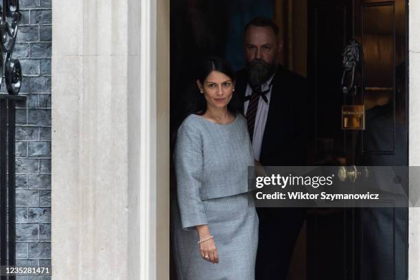 Secretary of State for the Home Department Priti Patel leaves 10 Downing Street as British Prime Minister Boris Johnson is conducting a reshuffle of...