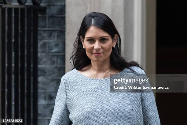 Secretary of State for the Home Department Priti Patel leaves 10 Downing Street as British Prime Minister Boris Johnson is conducting a reshuffle of...