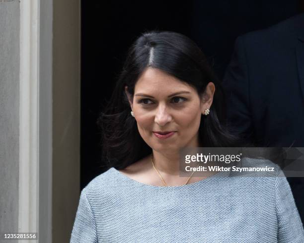 Secretary of State for the Home Department Priti Patel leaves 10 Downing Street as British Prime Minister Boris Johnson is conducting a reshuffle of...