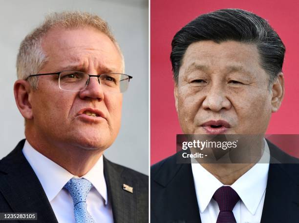 This combination of file photos shows Australian Prime Minister Scott Morrison speaking during a press conference in Canberra on August 17, 2021; and...