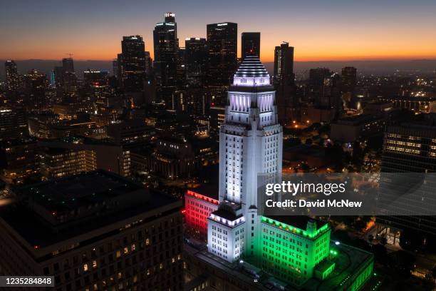 In an aerial view, the Los Angeles City Hall is lit in the colors of the Mexican flag to mark 200 years of Central American independence from Spain...