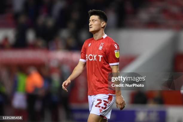 Joe Lolley of Nottingham Forest looking dejected during the Sky Bet Championship match between Nottingham Forest and Middlesbrough at the City...