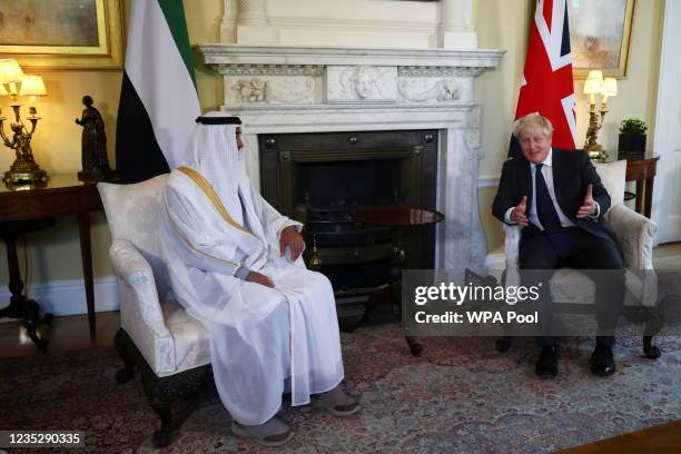 British Prime Minister, Boris Johnson hosts a meeting with Sheikh Mohammed bin Zayed Al Nahyan, Crown Prince of Abu Dhabi at Downing Street on...