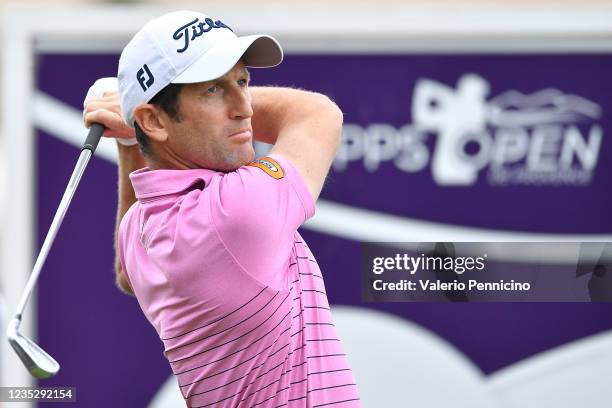 Gregory Bourdy of France plays his tee shot on the 1st hole during Day One of the Hopps Open de Provence at Golf International de Pont Royal on...