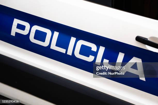 Sign on the police car near the place where West Ham United fans have gathered in the city center before the Europa League Group H match Dinamo...