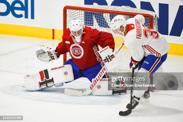 Montreal Canadiens goalie Alexis Gravel makes a save over Montreal Canadiens defenceman Gianni Fairbrother during the Montreal Canadiens Rookie Camp...