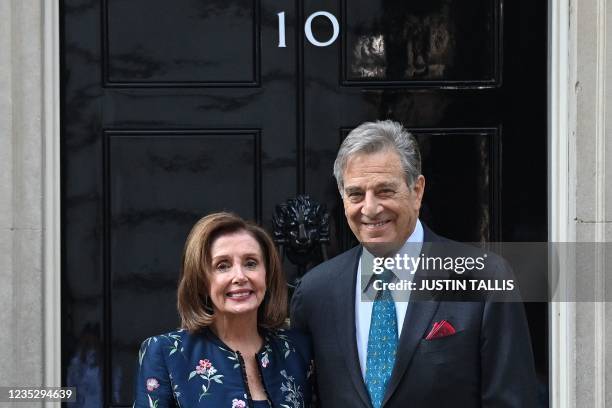 Speaker of the House, Nancy Pelosi and her husband Paul Pelosi, pose for the media outsise of 10 Downing Street in central London, on September 16 as...