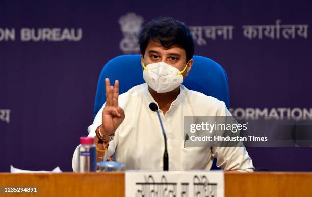 Union Civil Aviation Minister Jyotiraditya M Scindia during the announcement of the PLI scheme for Drones and Drone Components at the National Media...