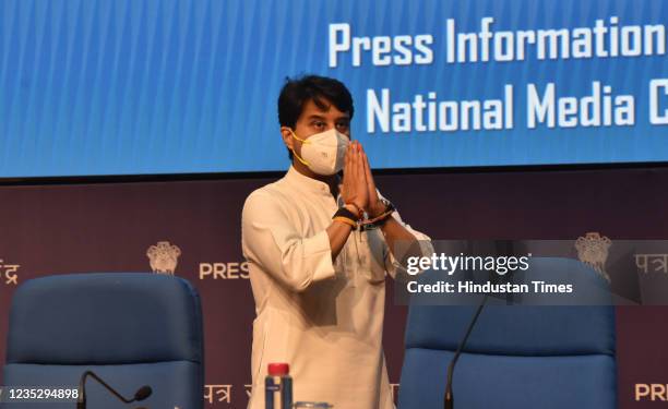 Minister of Civil Aviation Jyotiraditya M Scindia, and other officers address a press conference on the announcement of PLI scheme for Drones and...