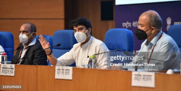 Minister of Civil Aviation Jyotiraditya M Scindia, and other officers address a press conference on the announcement of PLI scheme for Drones and...