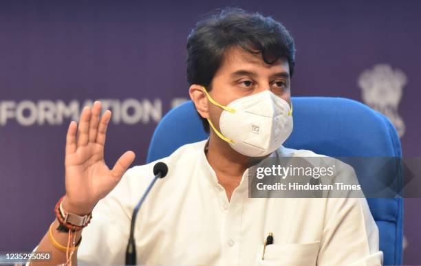 Minister of Civil Aviation Jyotiraditya M Scindia, and other officers address a press conference on the announcement of PLI scheme for Drones and...