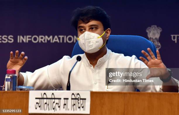 Minister of Civil Aviation Jyotiraditya M Scindia, and other officers address a press conference on the announcement of PLI scheme for Drones and...