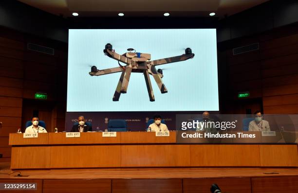 Union Civil Aviation Minister Jyotiraditya M Scindia during the announcement of the PLI scheme for Drones and Drone Components at the National Media...