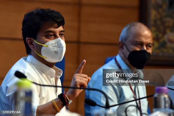 Minister of Civil Aviation Jyotiraditya M Scindia, and other officers address a press conference on the announcement of PLI scheme for Drones and...