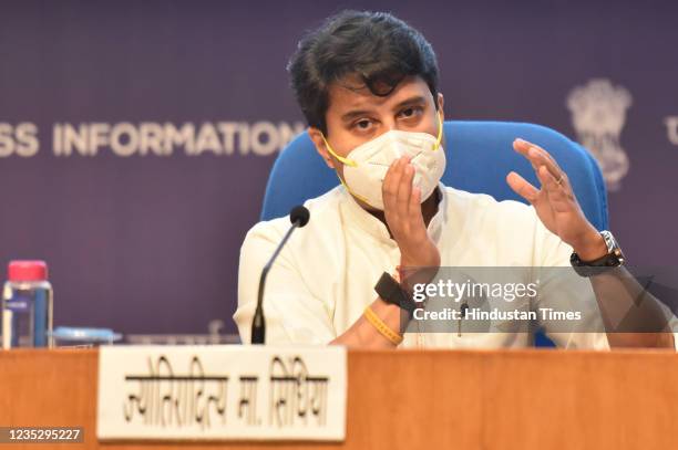 Minister of Civil Aviation Jyotiraditya M Scindia, and other officers address a press conference on the announcement of PLI scheme for Drones and...