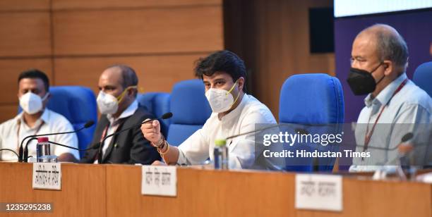 Minister of Civil Aviation Jyotiraditya M Scindia, and other officers address a press conference on the announcement of PLI scheme for Drones and...