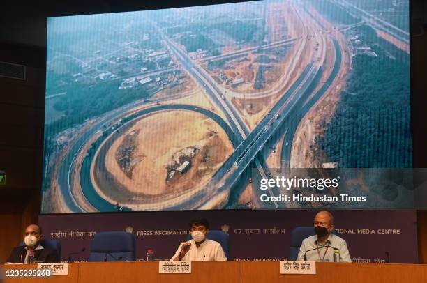 Minister of Civil Aviation Jyotiraditya M Scindia, and other officers address a press conference on the announcement of PLI scheme for Drones and...