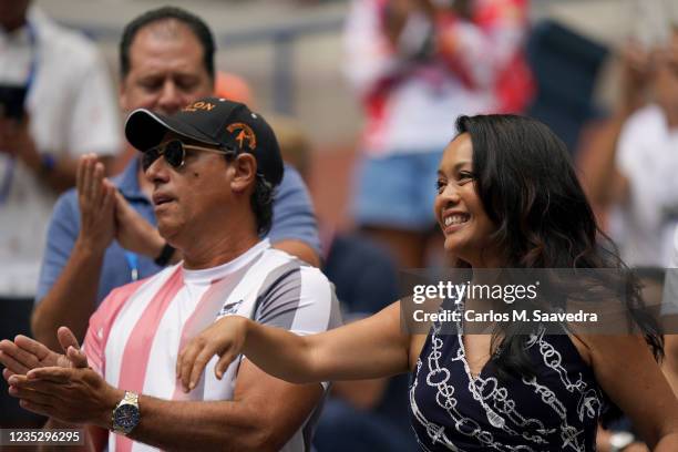 Canada Leylah Fernandez 's father Jorge and mother Irene in stands during Women's Final vs Great Britain Emma Raducanu at Arthur Ashe Stadium....