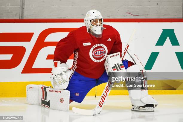 Montreal Canadiens goalie Alexis Gravel stretches alongside the boards during the Montreal Canadiens Rookie Camp on September 16 at Bell Sports...