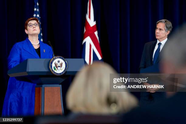 Australian Foreign Minister Marise Payne and US Secretary of State Antony Blinken look on during a news conference at the State Department in...