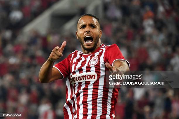 Olympiacos' Moroccan forward Youssef El-Arabi celebrates after scoring a goal during the UEFA Europa League Group D football match between Olympiacos...